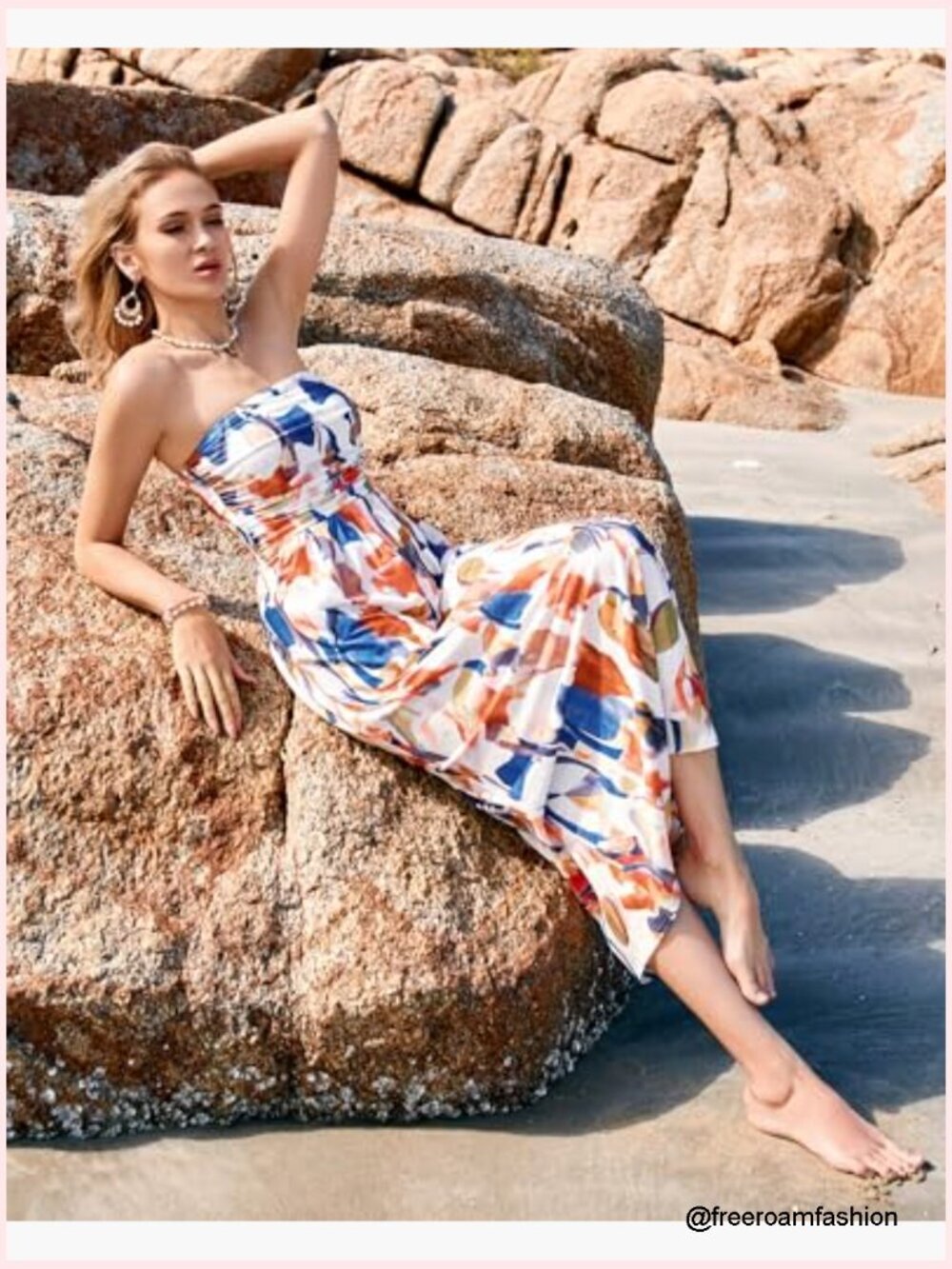 Strapless Ruched Maxi Dress with Pockets Elastic High Waist Flowy - Picture 5 of 6